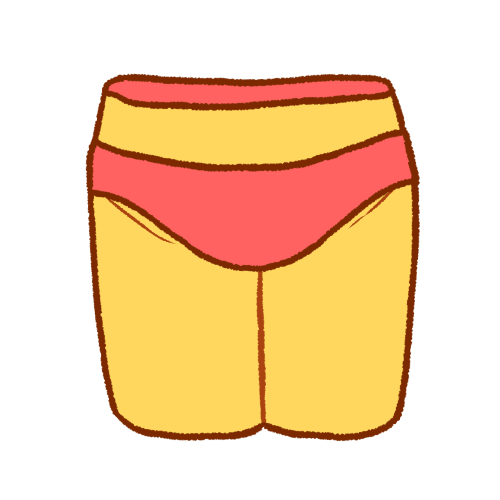 emoji yellow hips. they are thin. they have a pink segment at the top of the hips and wears pink underclothing.